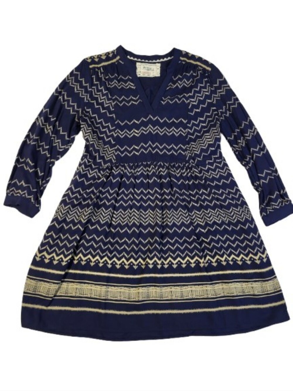 Holding Horses Farica Dress Navy Blue Zigzag Pattern V-Neck Anthropologie Petite